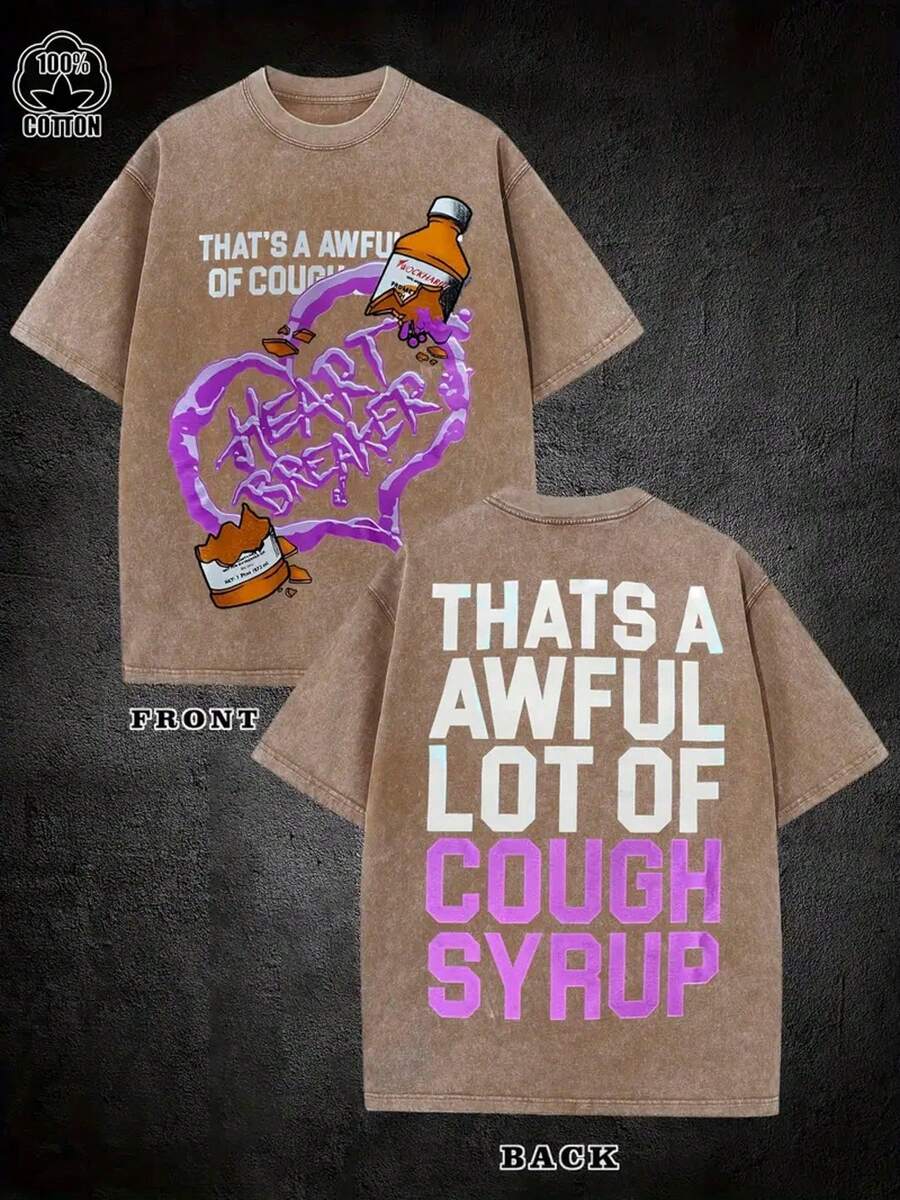 1 Piece 220g Washable On Both Sides T-Shirt With Cough Syrup Print, Vintage Style, High-Quality Batik Cotton, Ideal Thickness For Summer, Gift For Beach Parties, Men's T-Shirt, Women's T-Shirt, National Shipping - 咖啡色 - 查看 1