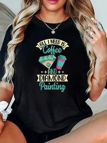 Size - Women's Graphic T-Shirt With Coffee And Diamond Print - Black Short Sleeve T-Shirt With Round Neck And Light Elasticity, Casual Geometric Design For Spring, Summer And Autumn, All Season Comfort, Spring And Summer Clothing, Fun Text Design, Comfortable Fit T-Shirt - 黑色 - 查看 2