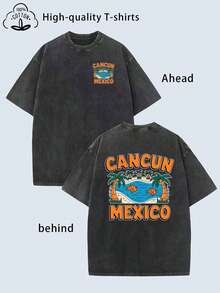 Camiseta de Algodón para Hombre estampado Playa de Cancún México manga corta cuello redondo lavado vintage camiseta de verano transpirable alta calidad 100% algodón estampado colorido pecho y espalda top de moda corte holgado cómodo adecuada para uso diario vacaciones actividades al aire libre playeras de hombre camiseta de mujer nacional envio - Negro - Ver 1