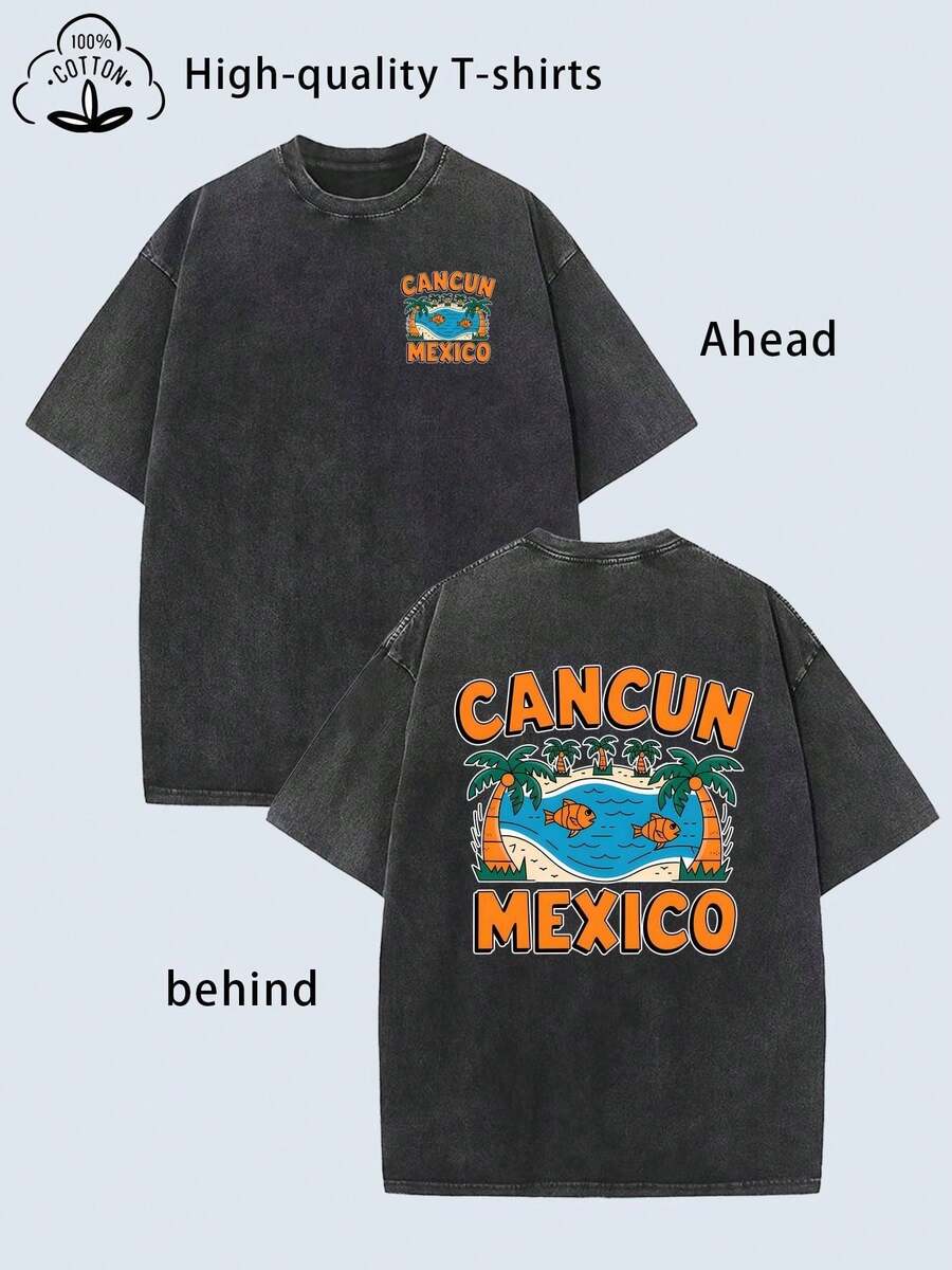 Camiseta de Algodón para Hombre estampado Playa de Cancún México manga corta cuello redondo lavado vintage camiseta de verano transpirable alta calidad 100% algodón estampado colorido pecho y espalda top de moda corte holgado cómodo adecuada para uso diario vacaciones actividades al aire libre playeras de hombre camiseta de mujer nacional envio - Negro - Ver 1