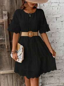 Women's Solid Color Casual Holiday Dress With Openwork Embroidery - Black - View 6