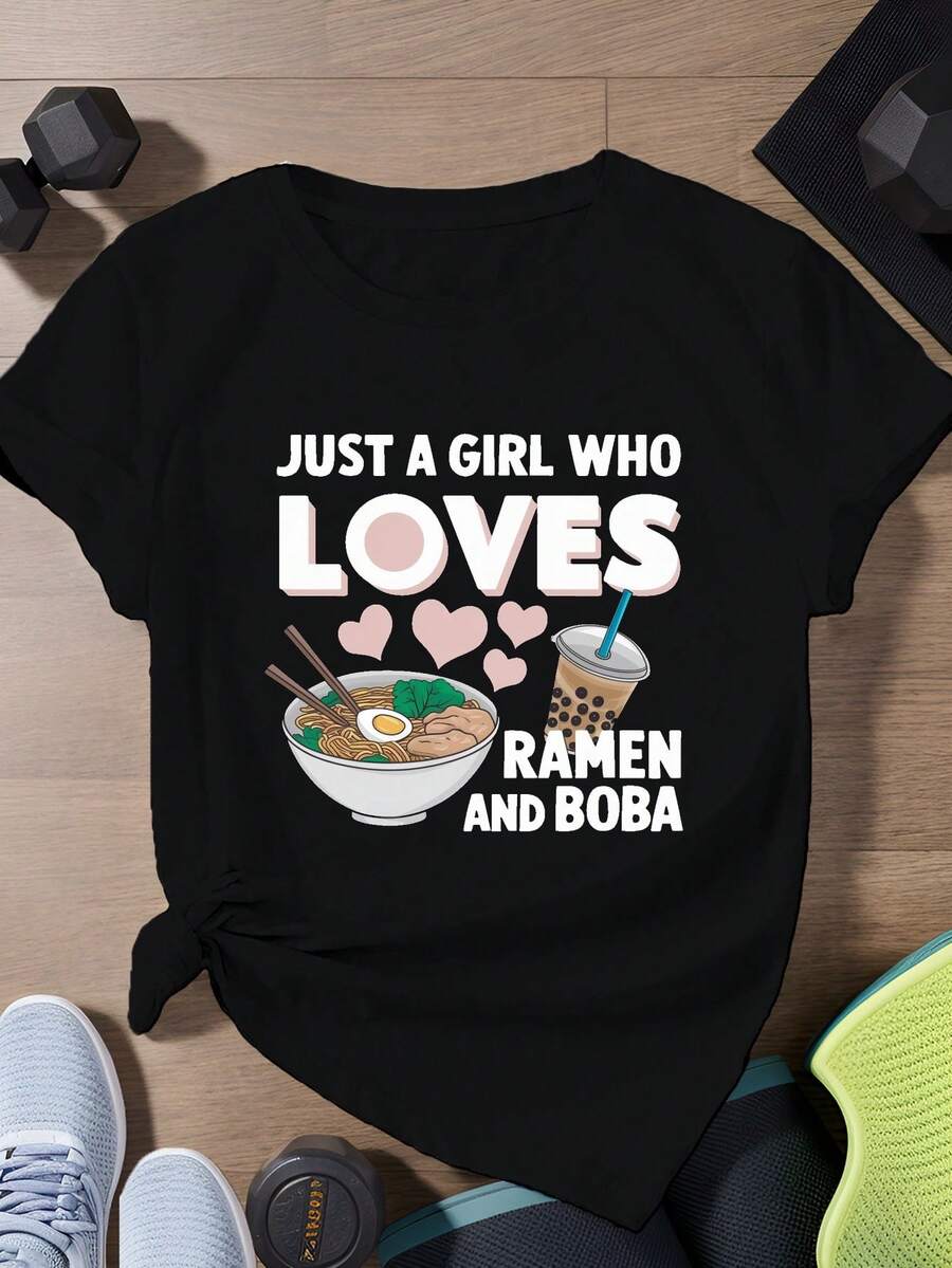 Camiseta de Manga Corta para Mujer Talla con Estampado de Ramen yé de Bola - Cuello Redondo, Blusa Casual Lavable aáquina para Outfits Temáticos y Amantes delé - Negro - Ver 1
