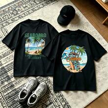 2-Piece Couple Matching Pattern T-Shirt, 100% Cotton, Loose Fit, Soft And Breathable, Casual Round Neck Short Sleeved Top Seaboard Coconut Tree Scenery Tropical Island Beach Scene Versatile Patterns No Picky Combinations Coordinated Dating Casual Travel Simple And Cartoonish Printing Styles High - 黑色 - 查看 1