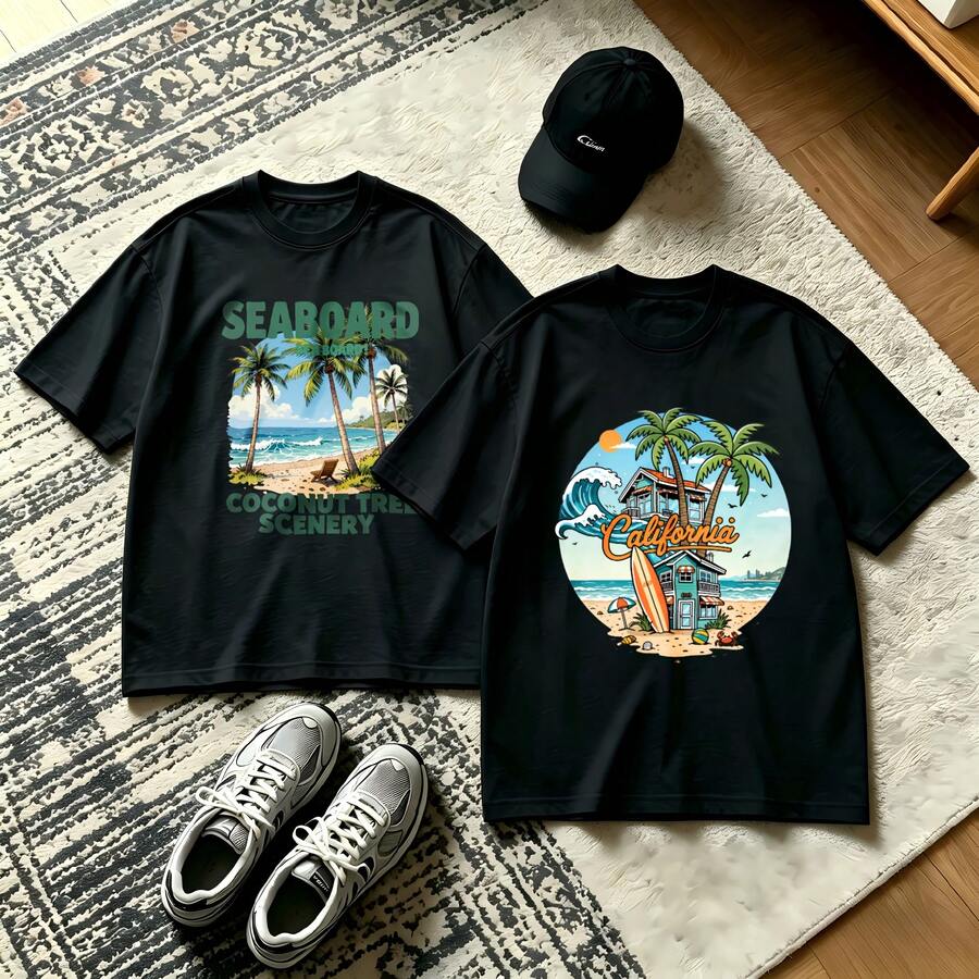 2-Piece Couple Matching Pattern T-Shirt, 100% Cotton, Loose Fit, Soft And Breathable, Casual Round Neck Short Sleeved Top Seaboard Coconut Tree Scenery Tropical Island Beach Scene Versatile Patterns No Picky Combinations Coordinated Dating Casual Travel Simple And Cartoonish Printing Styles High - 黑色 - 查看 1