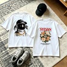 2-Piece Couple Matching Pattern T-Shirt, 100% Cotton, Loose Fit, Soft And Breathable, Casual Round Neck Short Sleeved Top Wolf With Design And Text Pug In Basket With Text Versatile Patterns No Picky Combinations Coordinated Dating Casual Travel Simple And Cartoonish Printing Styles High - 白色 - 查看 1