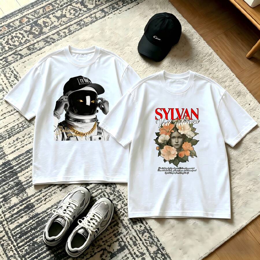 2-Piece Couple Matching Pattern T-Shirt, 100% Cotton, Loose Fit, Soft And Breathable, Casual Round Neck Short Sleeved Top Wolf With Design And Text Pug In Basket With Text Versatile Patterns No Picky Combinations Coordinated Dating Casual Travel Simple And Cartoonish Printing Styles High - 白色 - 查看 1