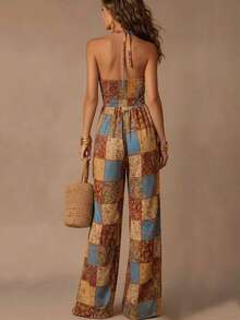 Vintage Patchwork Print Halter Jumpsuit, Bohemian Style Backless Wide Leg Pants, Vacation Atmosphere Outfit Summer - Multicolor - View 2