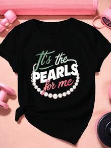 Camiseta de Tela Suave con Collar de Perlas, Camiseta Deportiva de Manga Corta para Mujer Talla Grande, Camiseta Duradera - Negro - Ver 2