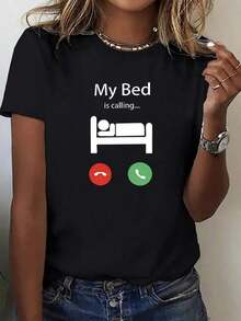 Comfortable Women's Casual Short-Sleeve T-Shirt - Fun "My Bed Is Calling Me" Print, Available In Various Colors And Sizes, Soft And Breathable Fabric, Comfortable For Everyday Wear In All Seasons. Loose And Versatile Women's Short-Sleeve T-Shirt - 黑色 - 查看 1