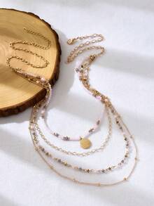 1pc Fashionable Multi-Layer Beaded Necklace, Versatile Daily Wear For Women - Pink - View 5