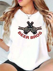 Camiseta Casual con Estampado de Cerveza para Mujer, Cuello Redondo, Manga Corta, Algodón Elástico, Lavable a Máquina, Top Perfecto para Verano, Diseño Inglés, Camiseta Deportiva para Vacaciones - Camiseta Casual de Manga Corta y Cuello Redondo, Talla Grande, Tela Suave y Transpirable para Fiestas y Regalos, 100% Algodón, Duradera - Blanco - Ver 1