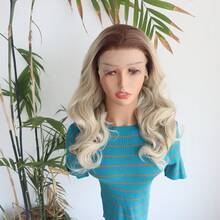 Tóc giả ren phía trước không cần keo, màu ombre chân tóc tối màu, dài 18 inch, kiểu gợn sóng, chất liệu tổng hợp, chịu nhiệt. - Nhiều màu - Xem 12