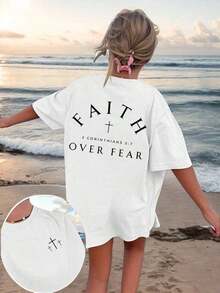 1 Piece Of Standard T-Shirt With Christian Inspirational Graphic "Overcome Fear", Comfortable, Casual, Short Sleeve, Round Neck, Black Summer Clothing, Comfortable For Daily Wear, Made Of Soft Cotton. - 白色 - 查看 7