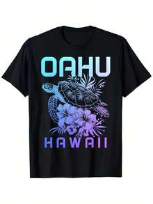 Camiseta conmemorativa de surf hawaiano con estampado de tortugas y flores tropicales, corte casual unisex para adultos y amigos. Ideal como recuerdo de vacaciones en Hawái, estilo isleño y apta para todas las estaciones - Negro - Ver 2