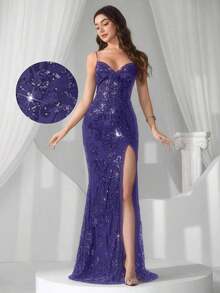 Vestido de noche con abertura alta en el muslo, con lentejuelas y diseño de patchwork, con espalda descubierta y silueta de sirena para mujer - Morado - Ver 5