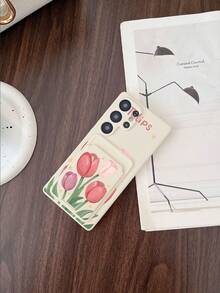 #Serie Android Pura# 1 pieza Funda de teléfono suave y protectora de TPU blanco con patrón de tulipán acuarela versátil y 1 pieza Funda de teléfono de cobertura completa creativa y personalizada de 2 en 1 con patrón de tulipán acuarela blanco y soporte adhesivo para tarjetas, adecuada como regalo para novia/novio, mejor amigo - Multicolor - Ver 2