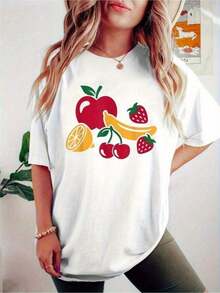 Casual T-Shirt With Fruit Print, White, Round Neck, Drop Shoulders, Short Sleeve, Apple, Banana, Strawberry And Cherry Design, Lightweight Blouse Suitable For Spring, Summer And Autumn, Casual Wear, Machine Washable, Fruit Themed T-Shirt, 100% Cotton, Durable - 白色 - 查看 1