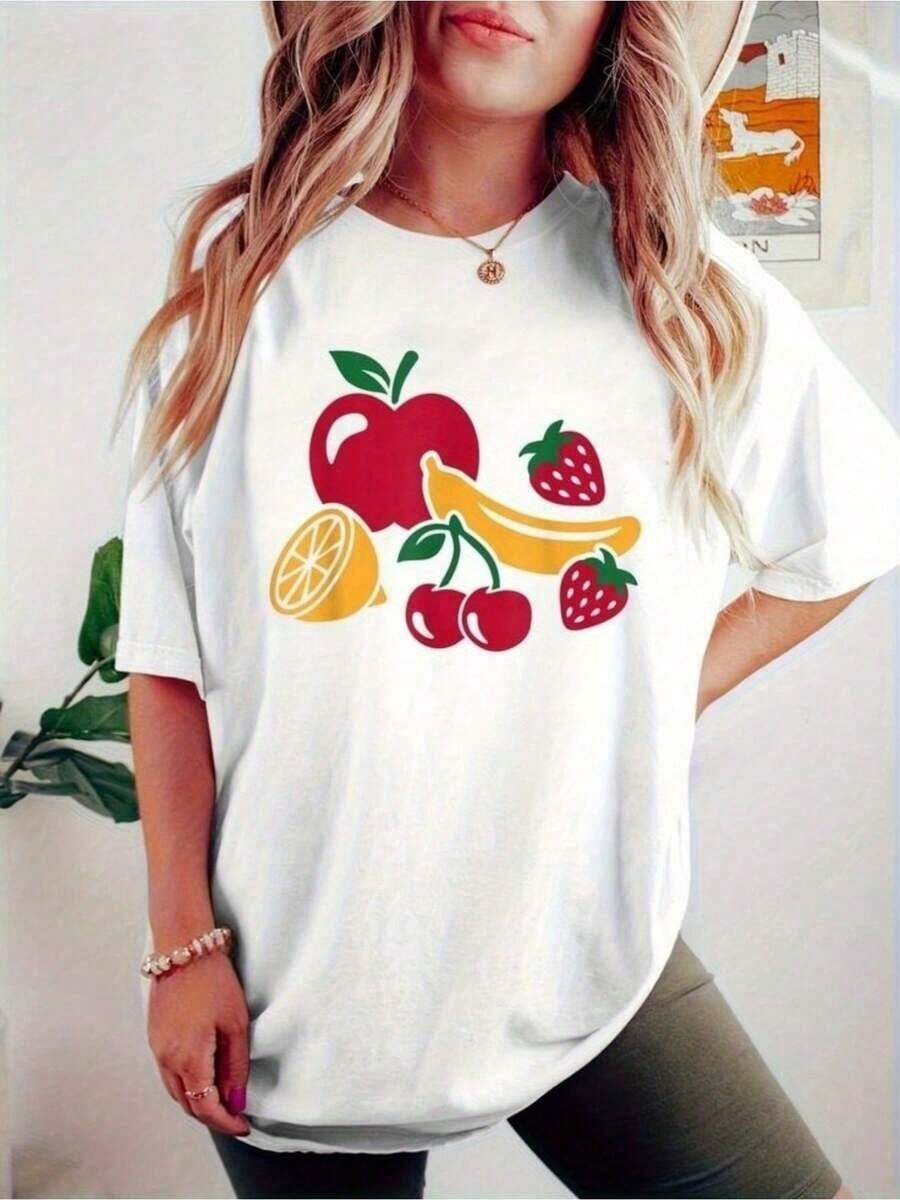 Casual T-Shirt With Fruit Print, White, Round Neck, Drop Shoulders, Short Sleeve, Apple, Banana, Strawberry And Cherry Design, Lightweight Blouse Suitable For Spring, Summer And Autumn, Casual Wear, Machine Washable, Fruit Themed T-Shirt, 100% Cotton, Durable - 白色 - 查看 1