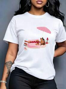 Camiseta para mujer, con estampado de perro salchicha en flotador de hot dog y sombrilla, cuello redondo, manga corta - Blanco - Ver 1