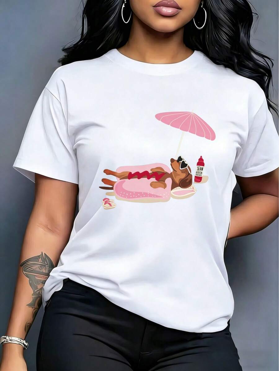 Camiseta para mujer, con estampado de perro salchicha en flotador de hot dog y sombrilla, cuello redondo, manga corta - Blanco - Ver 1