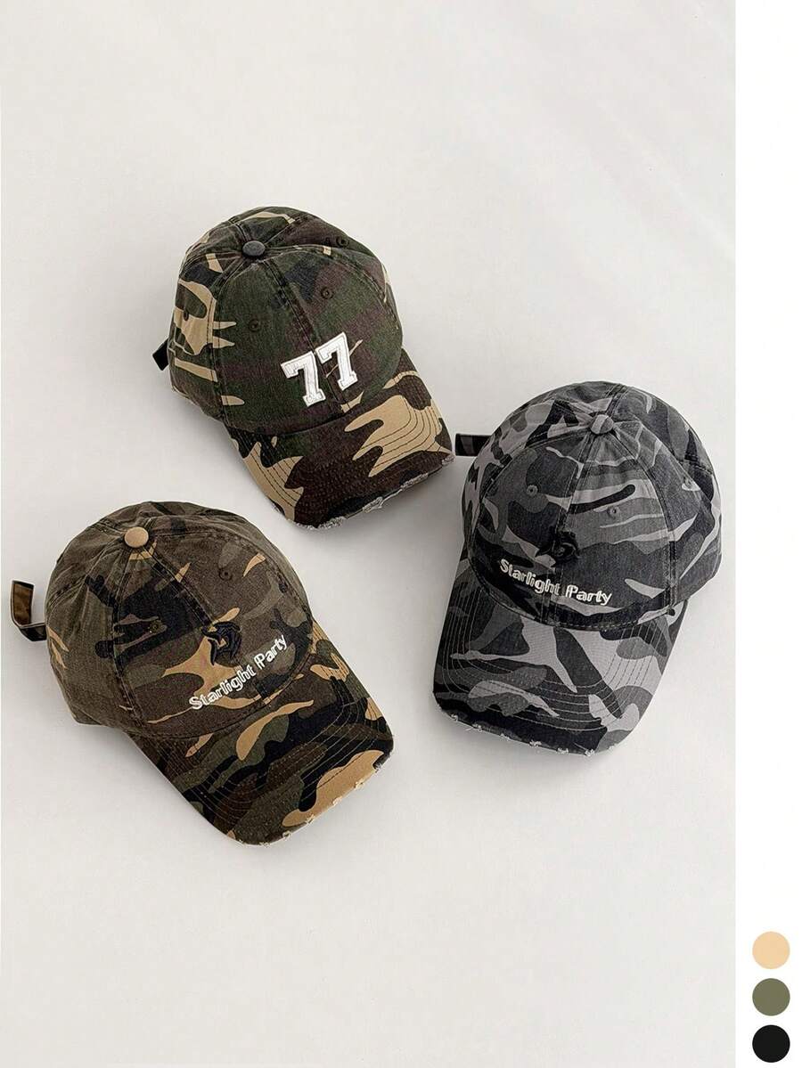 American Vintage Ripped Camouflage Embroidered Baseball Cap For Women, Wide Brim Soft Crown Street Cool Cargo Style Style Peaked Hat - Multicolor - View 1