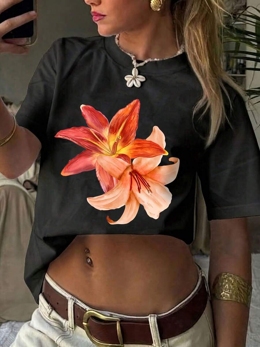 Women's Floral Print T-Shirt, Casual Short-Sleeved Round Neck T-Shirt, Suitable For Vacation And Everyday Wear - Unisex Loose Cotton Short-Sleeved Round Neck Vintage Style T-Shirt, Blouses For Women. Casual Blouses For Ladies. - 黑色 - 查看 1