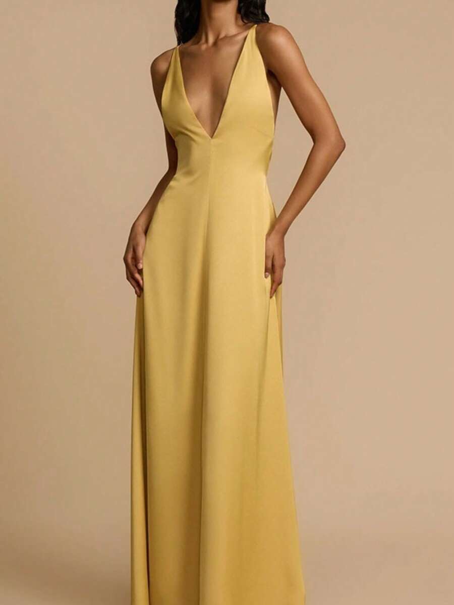 Vestido largo satén verano mujer cuello V espalda descubierta elegante estilo europeo sensual - Dorado - Ver 1