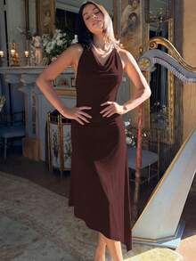 Vestido mujer moda espalda descubierta pliegues cintura ajustada lazos elegante estilo europeo - Café - Ver 5