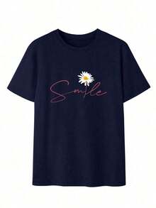 Camiseta de mujer estampada de manga corta para verano, tela de poliéster, estilo multifuncional, corte regular, peso 180 gramos, 1 unidad. - Azul oscuro - Ver 2