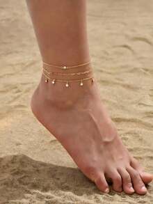 3pcs/Set Minimalist Zirconia Pendant Anklet, Suitable For Beach Vacation Casual Wear, Holiday Gift For Women - Yellow Gold - View 2