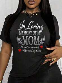 'In Loving Memory Of My MOM' Design With Cursive And Bold Text 1 Pcs Women's Plus Size T-Shirt Funny Oversized Graphic Short Sleeve Tee Novelty 100% Polyester Shirt Casual Crew Neck Top 220g-Unisex, Suitable For Casual Daily Outings, Short-Sleeve Summer Top, Retro Y2K Patterned T-Shirt - 黑色 - 查看 1