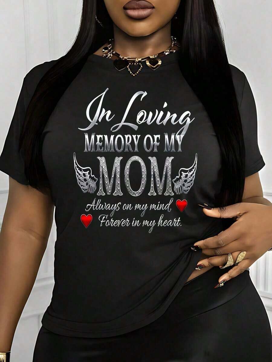'In Loving Memory Of My MOM' Design With Cursive And Bold Text 1 Pcs Women's Plus Size T-Shirt Funny Oversized Graphic Short Sleeve Tee Novelty 100% Polyester Shirt Casual Crew Neck Top 220g-Unisex, Suitable For Casual Daily Outings, Short-Sleeve Summer Top, Retro Y2K Patterned T-Shirt - 黑色 - 查看 1