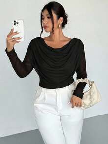 Blusa sexy de manga larga con cuello en V profundo y malla transparente ajustada para mujer de talla grande, adecuada para el Día de San Valentín, conciertos, actuaciones, citas, cenas formales, bailes de graduación, bodas, estilo sexy y elegante, para ir al trabajo, de vuelta a la escuela, vacaciones, playa, romántica, estilo sirena, fiestas de cumpleaños - Negro - Ver 5