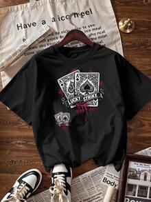 T-Shirt With Ace Of Spades And "LUCKY STRIKE" Text,  Short-Sleeved T-Shirt For Spring And Summer 2026, Made In Mexico, 180 Grams. Cartoon Print, Couple Design, Suitable For Indoor Or Outdoor Wear. Crew Neck, Unisex, Ideal For The Office And Leisure. One-Pack. - BK-P631577SLNDXZGY525 - 查看 4