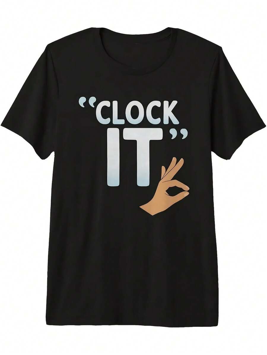 Men's Funny Clock It Meme Sigma Slang Graphic T-Shirt - Viral Slogan Short Sleeve Casual Tee With Pointing Finger Design Tri-Blend Fabric For Gym & Casual Attire All-Season Round Neck Shirt F Same Style For Men And Women 2026 Summer Short-Sleeved - 黑色 - 查看 1