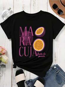 Women's Casual T-Shirt, Round Neck, Passion Fruit Print, Short Sleeve, Casual Summer Top For Everyday Wear And Outings, 100% Cotton, Durable - 黑色 - 查看 2