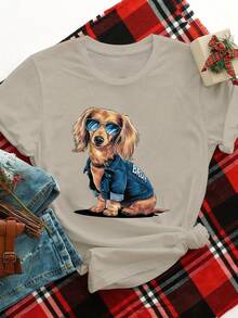 Women's Plus Size Casual T-Shirt With Fun Dachshund Graphic Wearing Glasses, Short Sleeve, Polyester, Black, Crew Neck, Machine Washable, Perfect For Casual Outfits, Ladies' T-Shirts - 黑色 - 查看 5