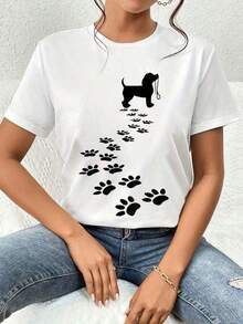 Under The Radar Adorable Women's T-Shirt With Dog Paw Print, Casual, Short Sleeve, Crew Neck For Pet Lovers, Stylish Graphic Design, Comfortable And Breathable Fabric, Ideal Gift For Dog Moms! Y2k-Vintage Unisex Urban Style Cotton Loose Fit Short Sleeve Crew Neck T-Shirt - 白色 - 查看 1
