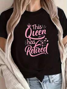 Women's Graphic T-Shirt "This Queen Has Retired" 2026 - Stylish Black With Pink Lettering And Crown Design, Comfortable All-Season Crew Neck Casual Tee, Machine Washable, Comfortable Clothing. | Optimistic Print T-Shirt | Medium-Stretch Fabric - 黑色 - 查看 7