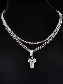 Bộ 2 món: 1 mặt dây chuyền chữ cái đính đá Cubic Zirconia & 2 dây chuyền thép không gỉ, 26 chữ cái tiếng Anh, Dây chuyền mặt dây chuyền phong cách hip hop cổ điển dành cho nữ, Thích hợp đeo hàng ngày hoặc dự tiệc, Quà tặng ngày Valentine - Bạc - Xem 20