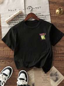 Camiseta de manga corta con cuello redondo y estampado de eslogan simple para mujer, estilo casual de verano, corte holgado, ideal para uso diario y vacaciones.Camiseta de mujer.Blanco, transpirable y cómodo - Negro - Ver 8