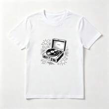 Vintage Record Player White Cotton T-Shirt Musical Style - 白色 - 查看 1