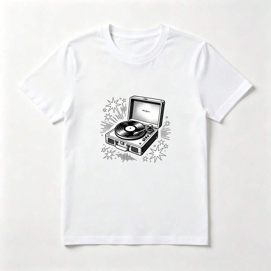 Vintage Record Player White Cotton T-Shirt Musical Style - 白色 - 查看 1
