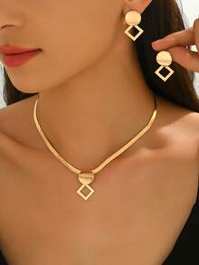 Set de 2 piezas con collar y aretes con colgante geométrico de círculo y cuadrado, joyería elegante minimalista para el cuello y salidas diarias - Amarillo Oro - Ver 4