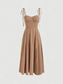 Vestido Largo Cami Rojo De Verano Con Sujetador De Tirantes - Caqui - Ver 1