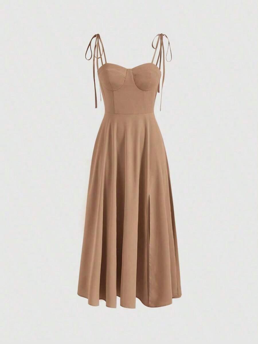 Vestido Largo Cami Rojo De Verano Con Sujetador De Tirantes - Caqui - Ver 1