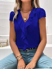 Camisa holgada de manga corta con borde de volantes y cuello en V, con parches unicolor para mujer en verano - Azul - Ver 7