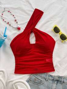 Blusa roja sexy con un solo hombro, de espalda abierta y calada, adecuada para vacaciones, festivales de música, estilo bohemio, ganchillo, lino, citas de verano - Rojo - Ver 3