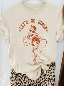 FashionNEW Let's Go Girls Women's Western Cowboy Style T-Shirt With Round Neck And Short Sleeves With Prints - Unisex Vintage Urban Style, Loose Cotton T-Shirt With Round Neck And Short Sleeves - 杏色 - 查看 1
