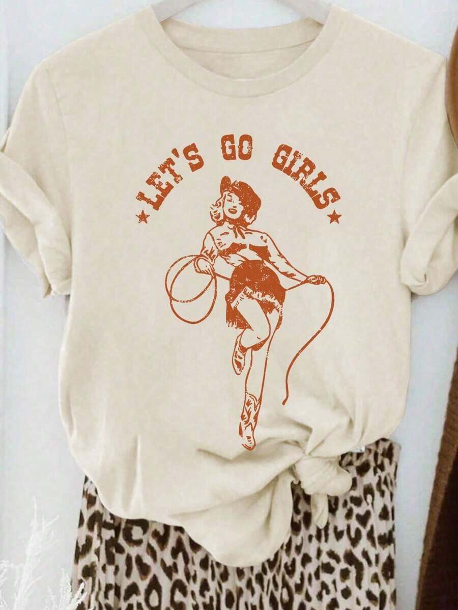 FashionNEW Let's Go Girls Women's Western Cowboy Style T-Shirt With Round Neck And Short Sleeves With Prints - Unisex Vintage Urban Style, Loose Cotton T-Shirt With Round Neck And Short Sleeves - 杏色 - 查看 1